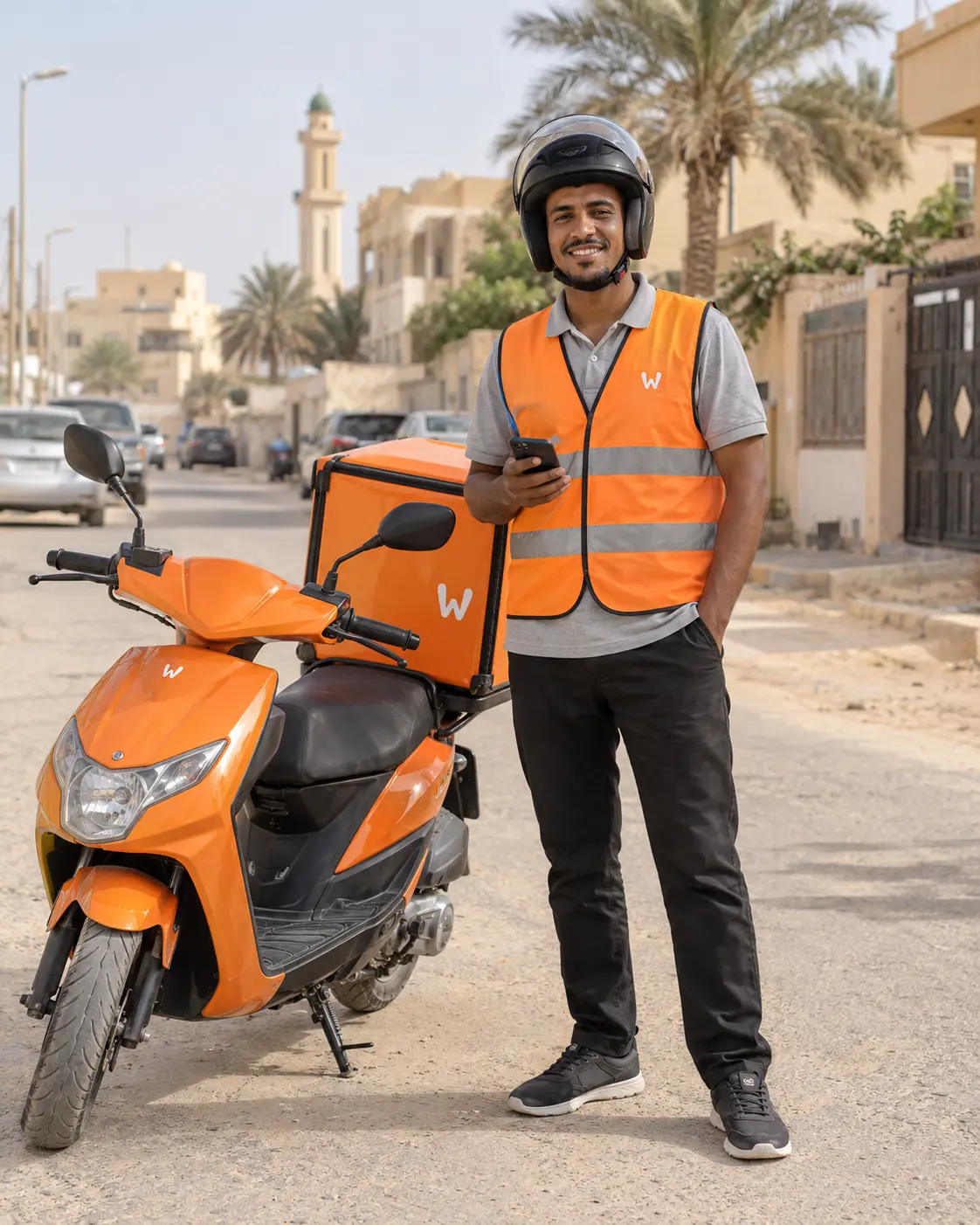 Visuel d’un livreur Wassel en gilet et casque à côté de son scooter