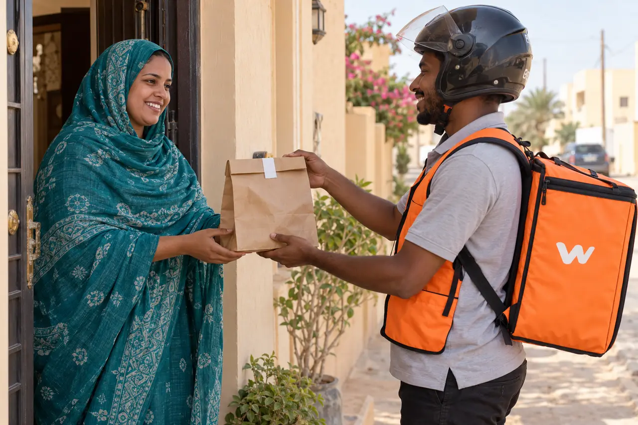 Visuel d’une cliente en melhfa mauritanienne recevant une commande d’un livreur Wassel